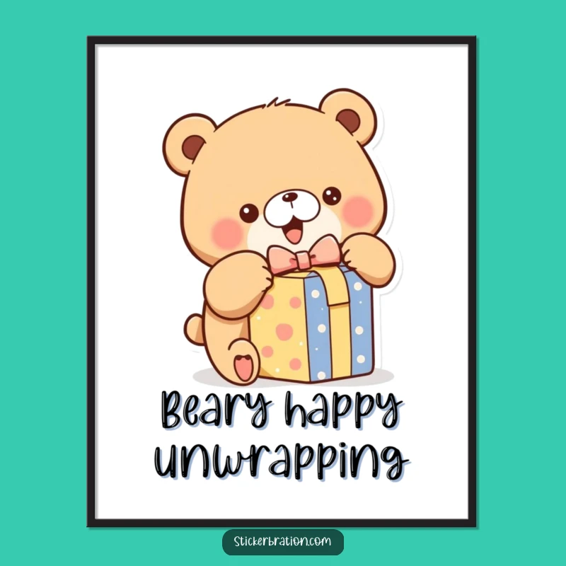 Funny Bear Unwrapping Digital Art: Excited Gift Box Print for Instant Joy
