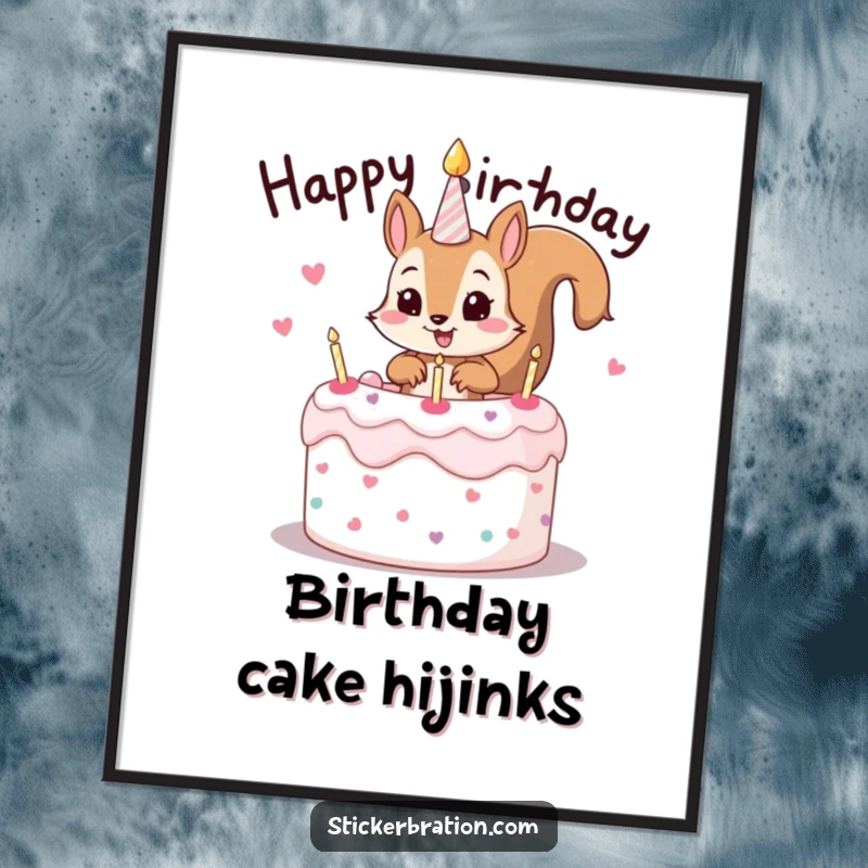 Funny digital art print of a mischievous squirrel character popping out of a birthday cake, perfect for adding fun.