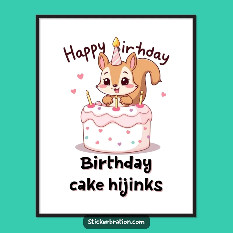 Funny Squirrel Cake Digital Art: Mischievous Birthday Print for Instant Fun