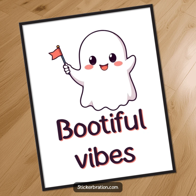 Funny digital art print of a cute ghost character waving a tiny flag, offering downloadable whimsical humor.