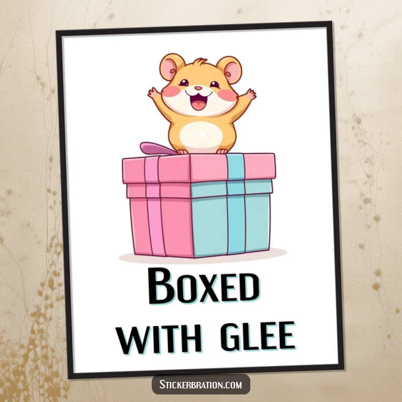 Funny digital art of an overjoyed hamster joyfully bouncing on a giant gift box, ready to bring laughter to any space.