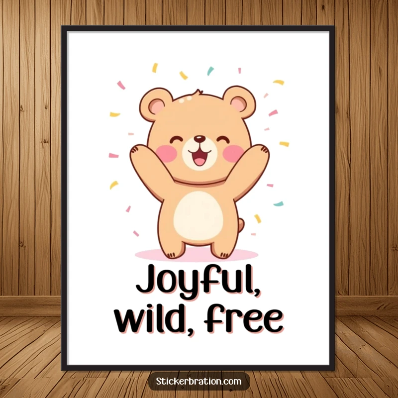 Funny cute bear character digital art print joyfully tossing confetti in the air, creating a festive and happy scene.
