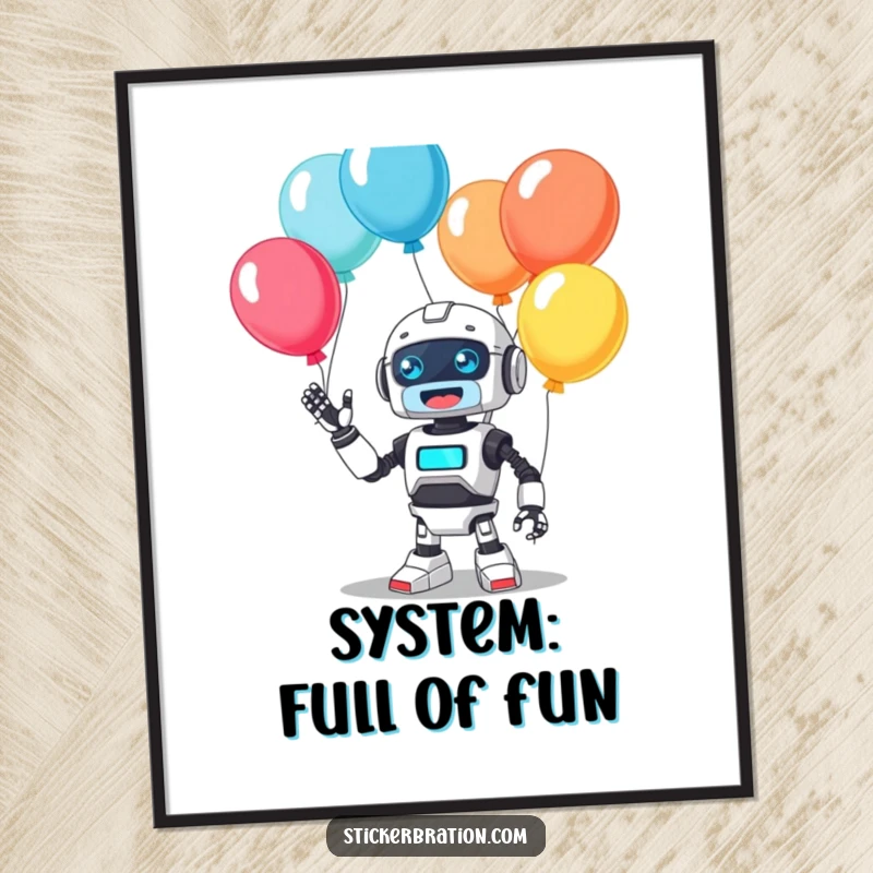 Funny digital art print of a cute, animated robot character gleefully juggling a multitude of colorful balloons, emitting a happy beep, for instant decorative joy.