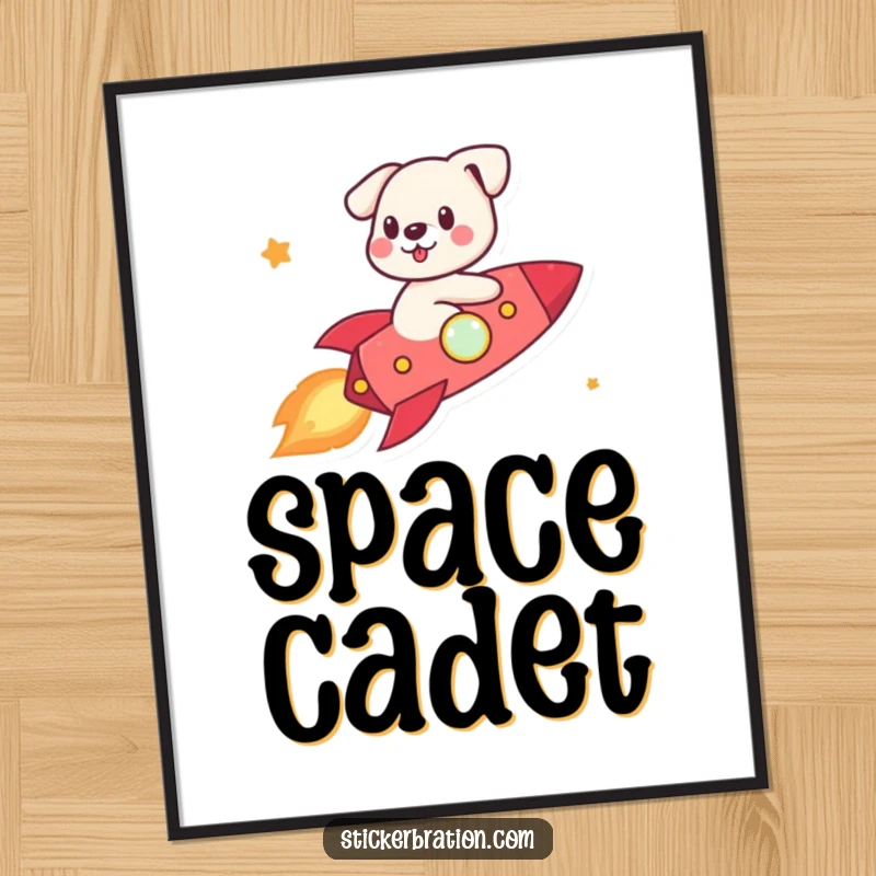 Funny cute dog character riding a small rocket through a starry sky in a vibrant digital art print.