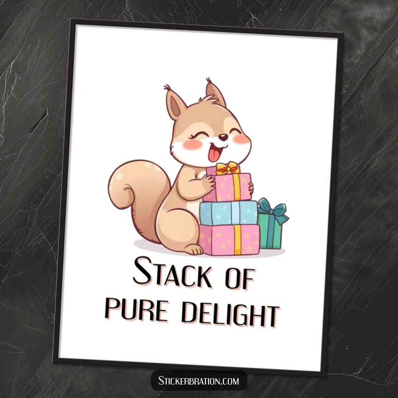 Funny digital art print of a giggling squirrel holding a stack of colorful gifts, radiating pure joy and humor.
