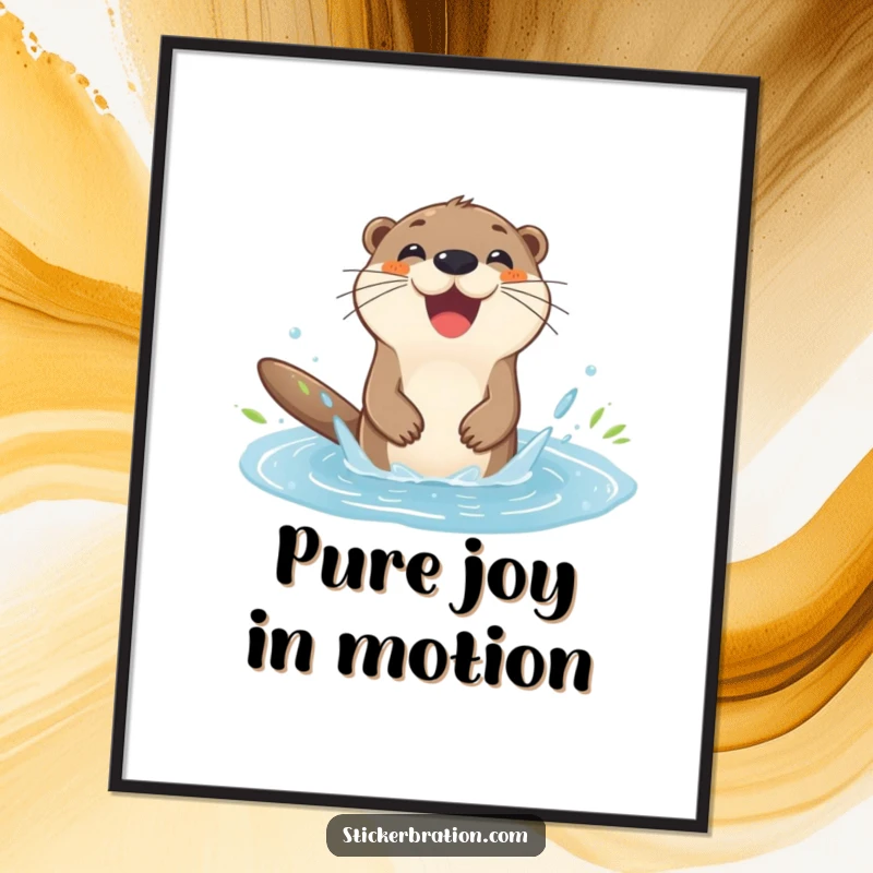 Funny otter digital art print of a happy character splashing in a puddle, ideal for cheerful and humorous home decor.