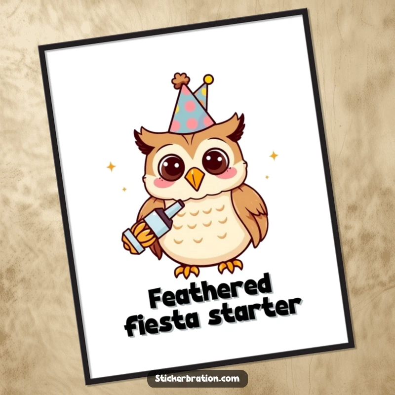 Funny owl character as digital art, wearing a party hat and holding a noisemaker, for instant celebration.