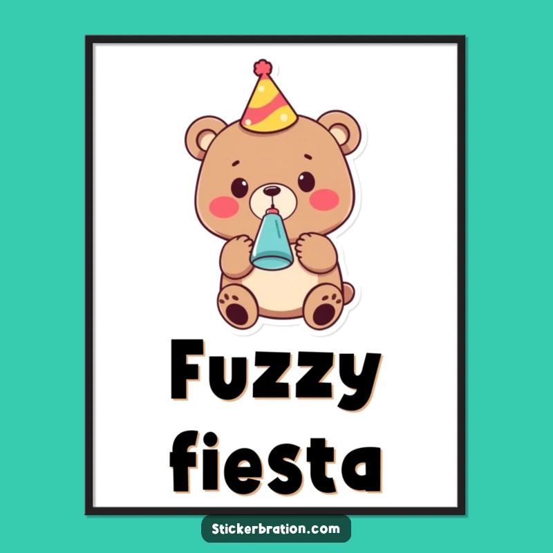 Funny Party Bear Digital Art: Cute Celebration Character Print, Gift