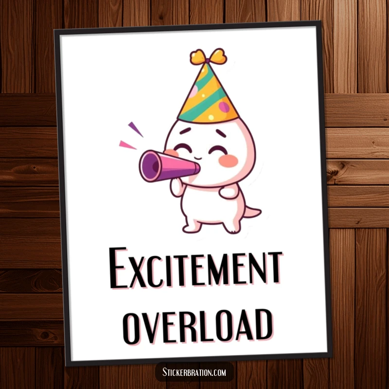 Funny digital art print of a character in a party hat, blowing a noisemaker with excitement, perfect for festive decor.