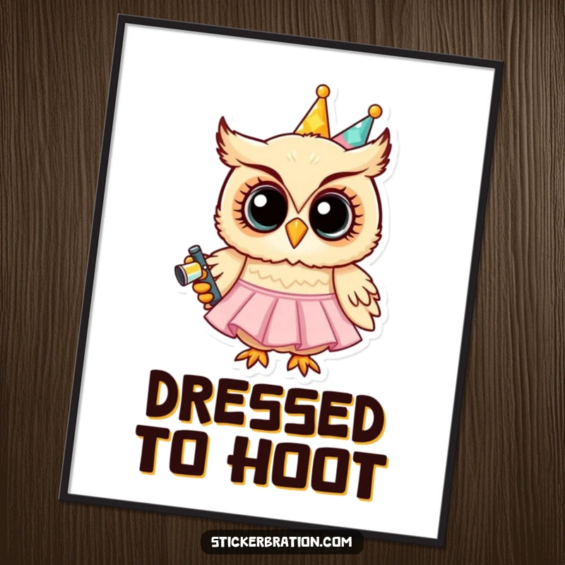 Funny digital art print of a grinning owl wearing a party dress holding a noisemaker, perfect for creating a festive and whimsical digital atmosphere.