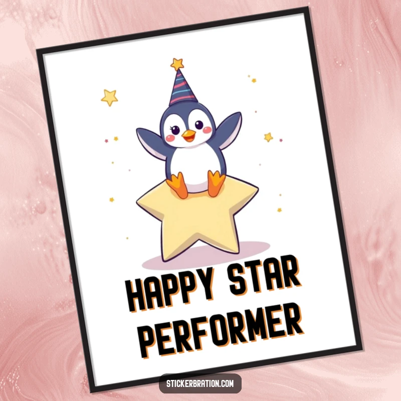 Funny digital art print of a happy penguin character dancing on a giant star, perfect for adding celebratory vibes.