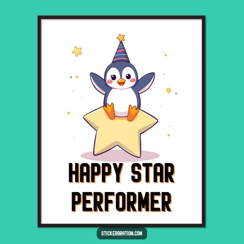 Funny Penguin Dance Digital Art: Celebratory Star Print for Instant Joy