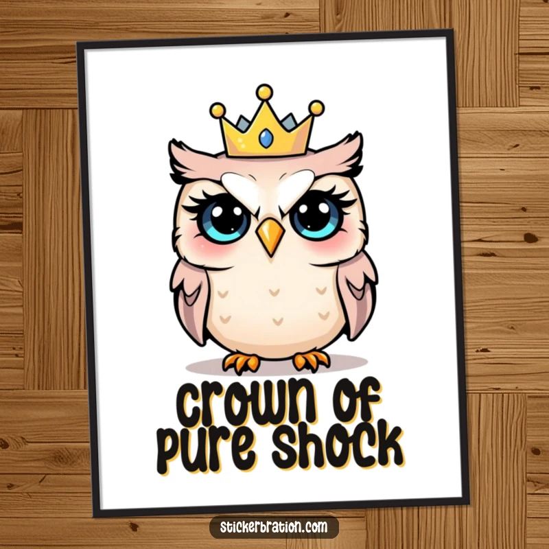 Funny digital art print of a shocked owl wearing a tiny party crown, radiating comical surprise and festive cheer.