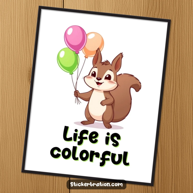 Funny squirrel digital art print of a mischievous character playfully juggling colorful balloons, capturing a moment of pure, unadulterated fun and delight.