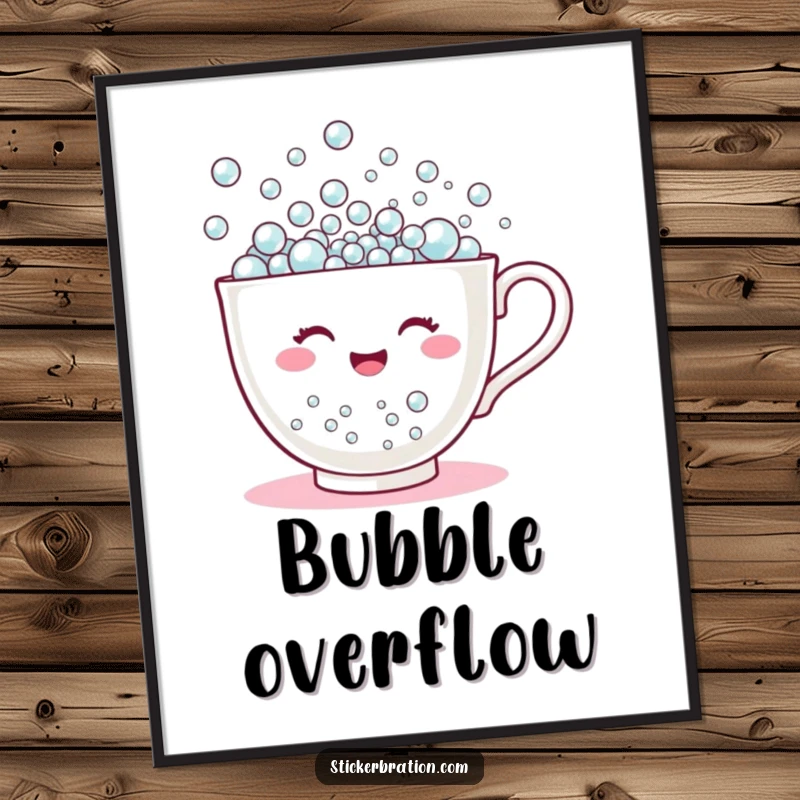 Funny digital art print of a happy teacup character overflowing with tiny bubbles, offering instant cheer and whimsical humor.