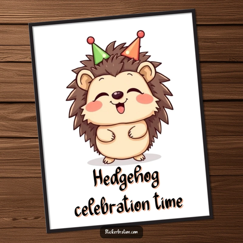 Funny Hedgehog Giggle Digital Art Print showing a giggling hedgehog character wearing a celebratory headband, ready to be printed and displayed, a cheerful and humorous artwork.