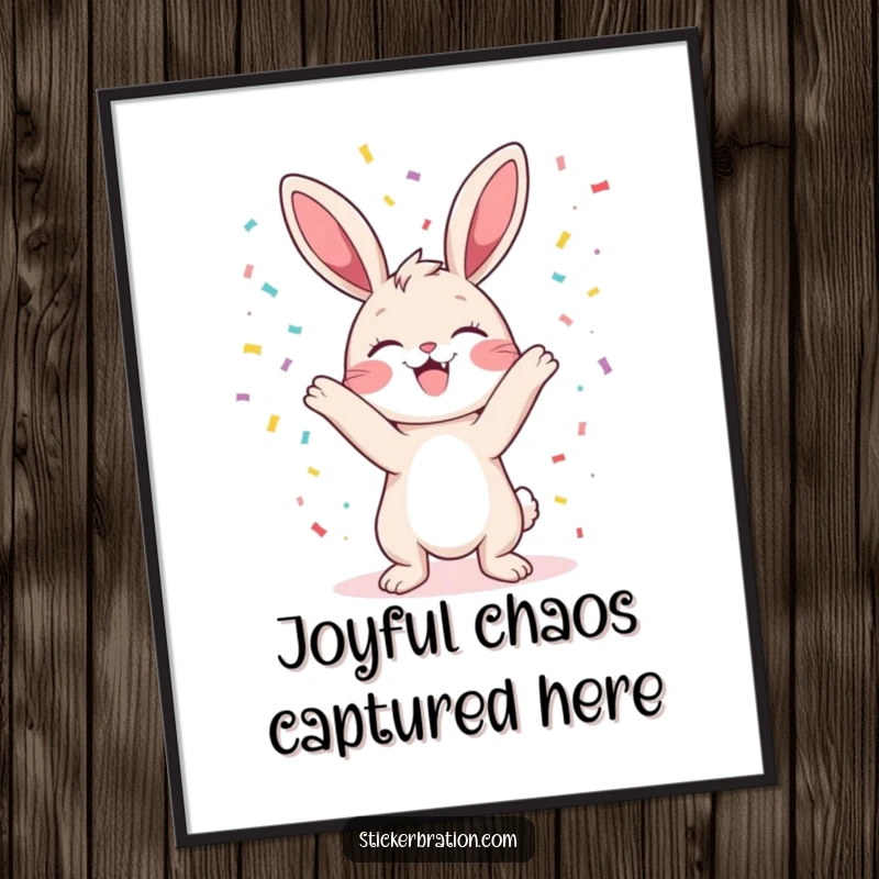 Funny bunny digital art print of a character gleefully tossing confetti, ideal for vibrant and humorous home or office decor.