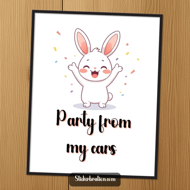 Funny digital art print of a cute bunny character celebrating with a vibrant shower of confetti, perfect for cheerful wall decor.