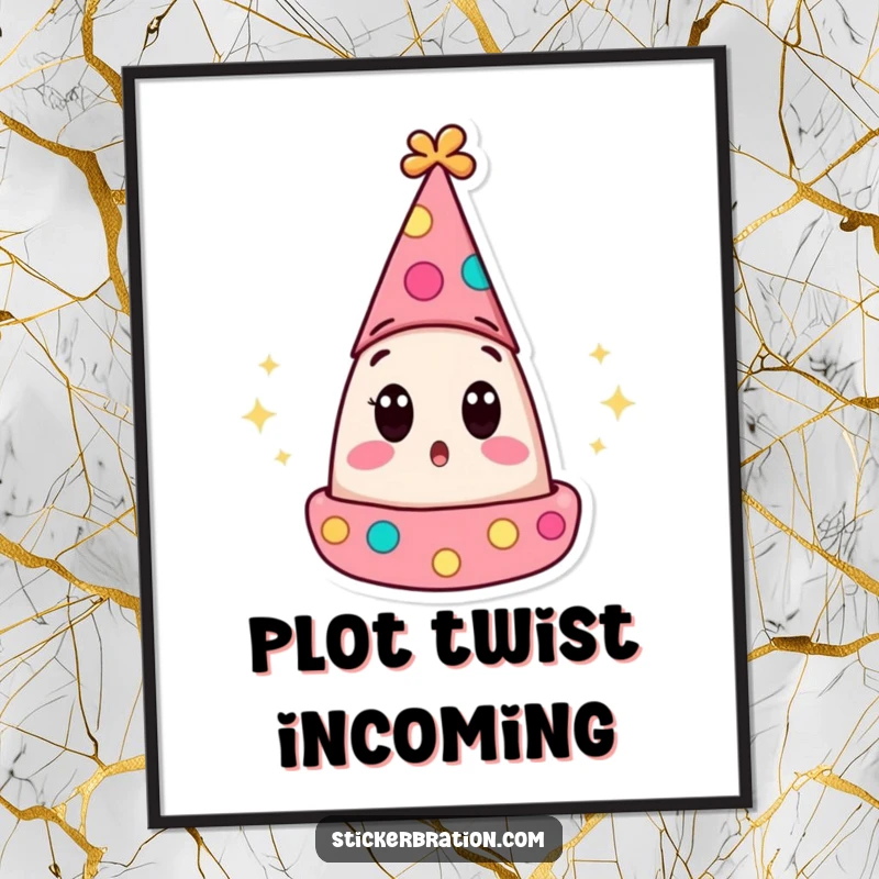 Funny digital art print of a surprised party hat character with wide eyes popping open, perfect for instant, humorous wall decor.