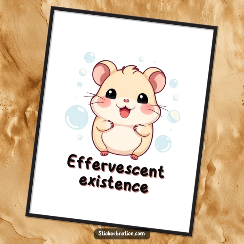 Funny hamster digital art print of a beaming character emerging from a bubbly, joyous scene. Instant downloadable happiness.