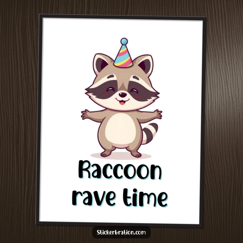 Funny Raccoon Jig Digital Art Print showing a happy raccoon doing a jig in a party hat, ready to be printed and displayed, a festive and humorous artwork.