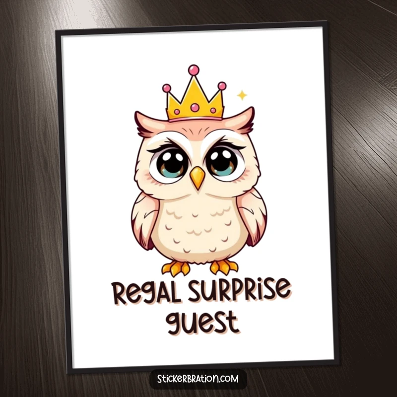 Funny digital art print of a shocked owl wearing a tiny party crown, perfect for adding instant humorous decor.
