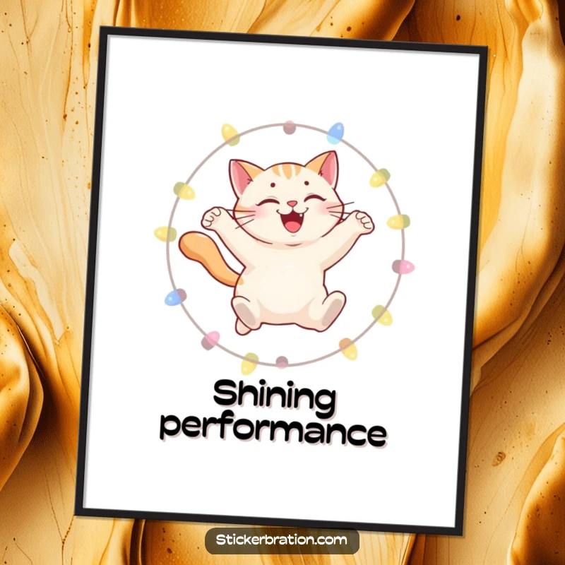 Funny digital art print of a smiling cat leaping through a hoop of lights, perfect for adding instant whimsical decor.