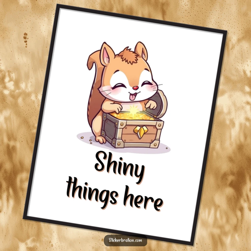 Funny Squirrel Treasure Digital Art: A curious squirrel finds a sparkling treasure chest, instantly downloadable art for cheerful decor.