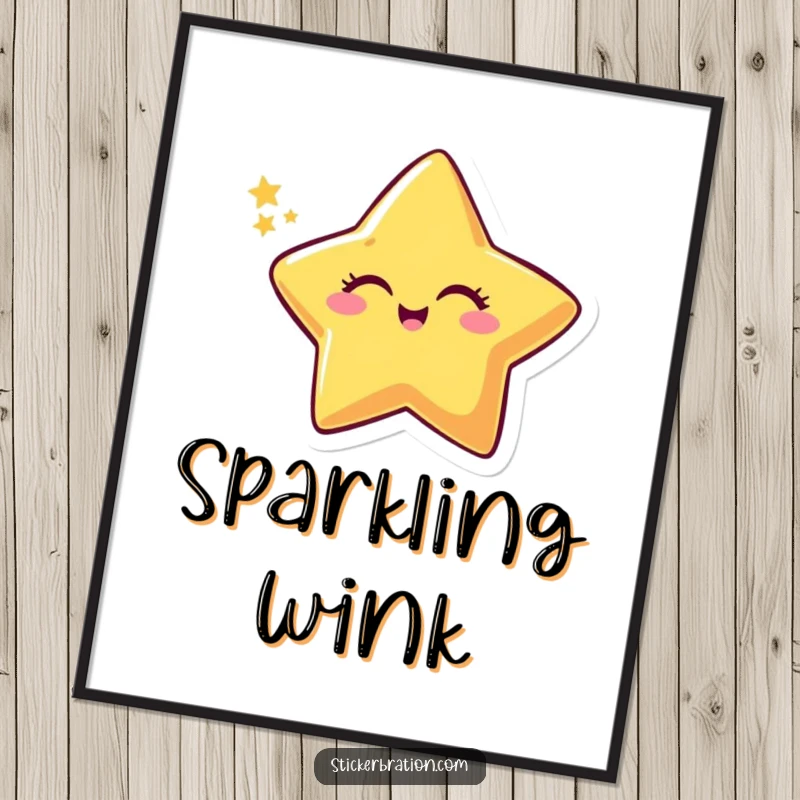 Funny digital art print of a smiling star character winking with a sparkly trail, offering instant magic and whimsical humor.