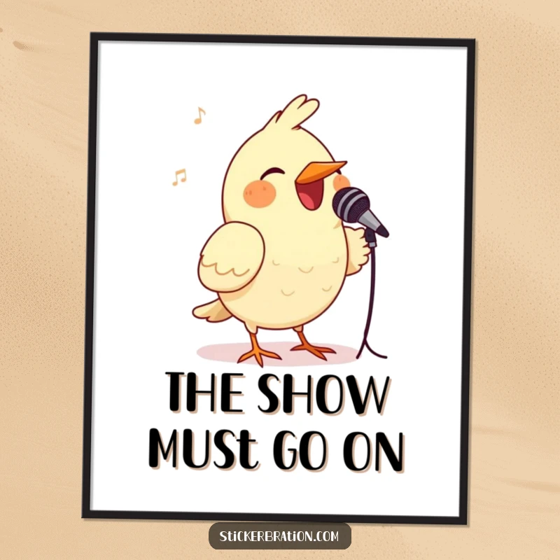 Funny bird digital art print of a cheerful bird performing into a tiny microphone, capturing a lively and humorous musical moment.