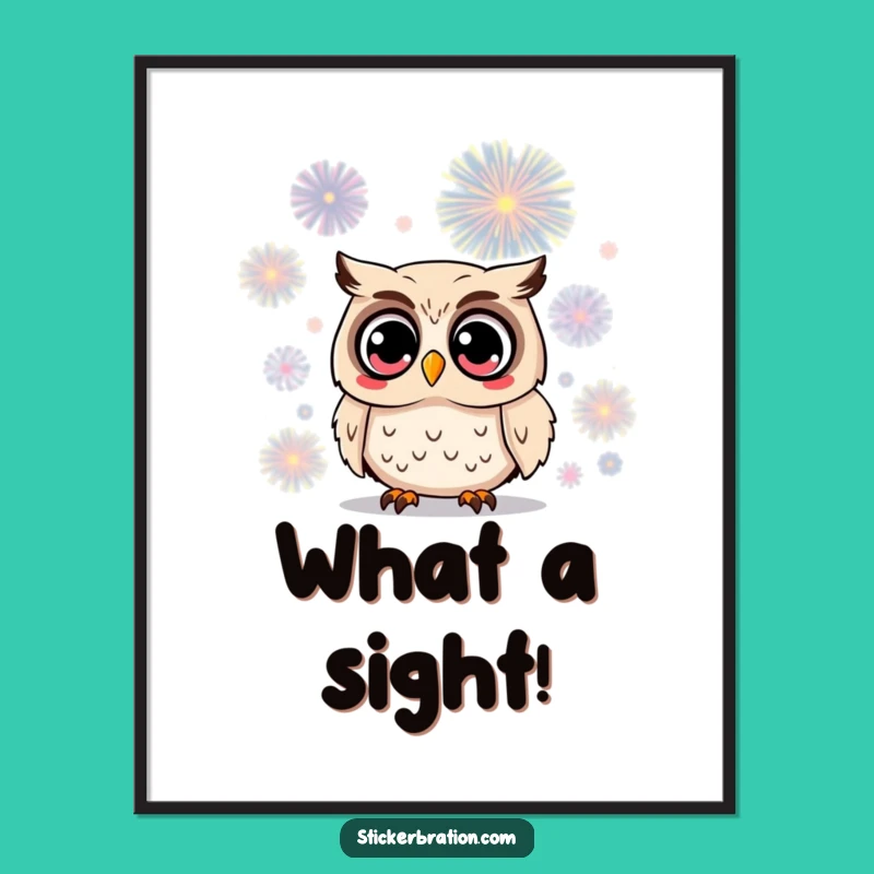 Funny Owl Digital Art: Surprised Character Firework Print, Hilarious Gift!