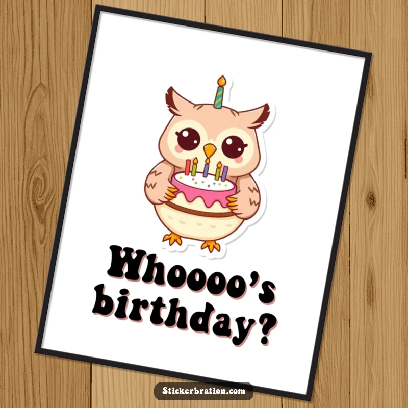 Funny cheerful owl character holding a birthday cake in a vibrant digital art print, perfect for celebrations.