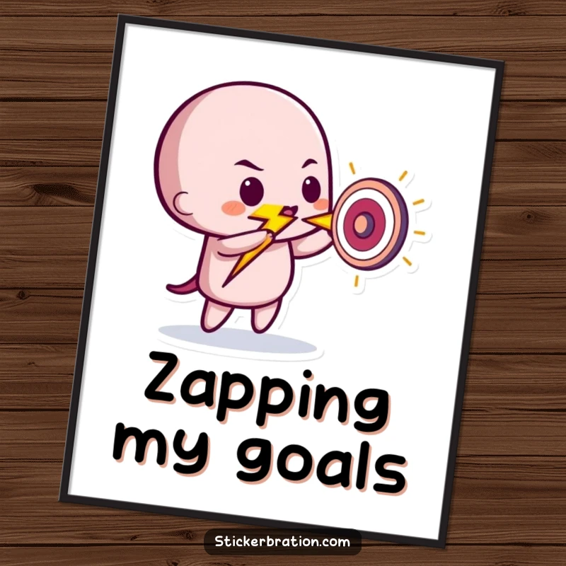 Funny digital art print of a playful lightning bolt character striking a tiny target, offering downloadable humor and energy.