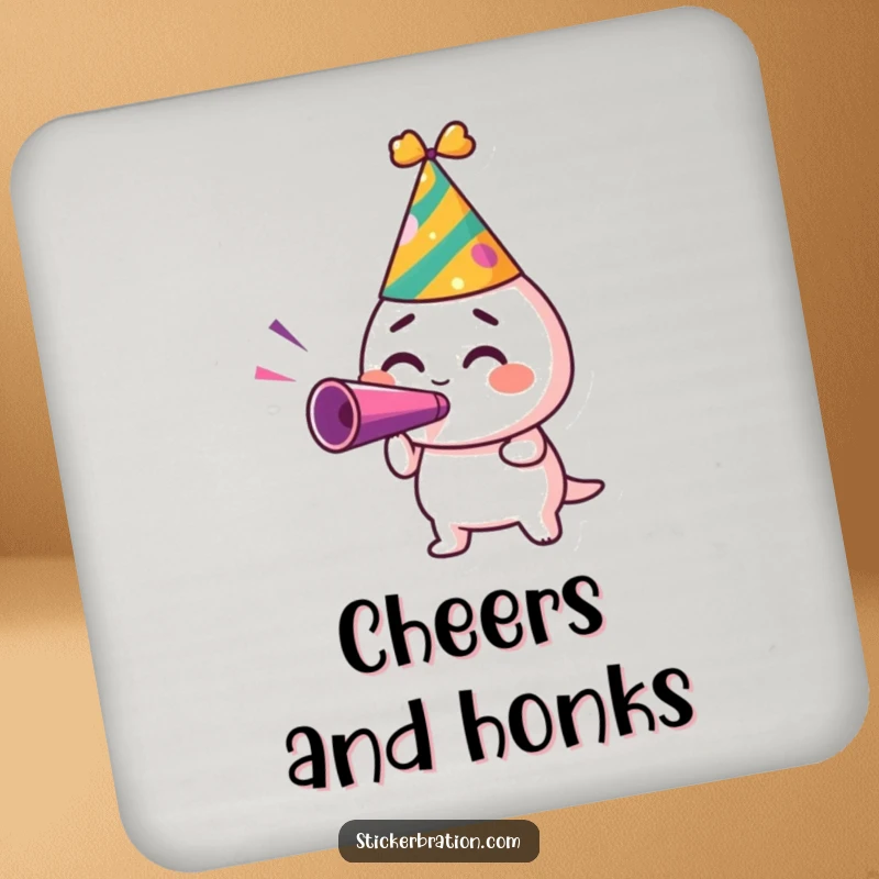 Funny drink coaster with a character in a party hat, blowing a noisemaker with excitement, adding festive charm.