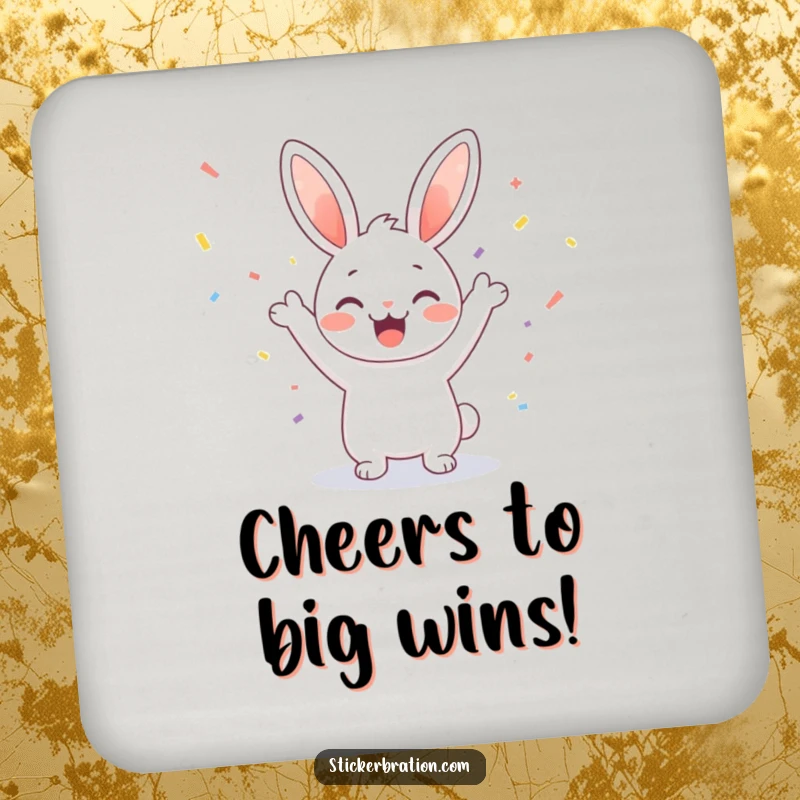 Funny drink coaster featuring a delightful bunny character cheering with confetti, adding a protective and festive touch to any table.