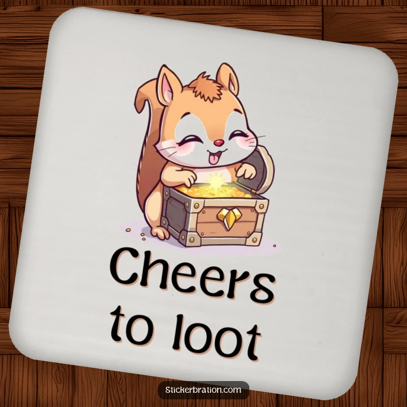 Funny Squirrel Treasure Coaster: A curious squirrel discovers a treasure chest, a humorous addition to any table.