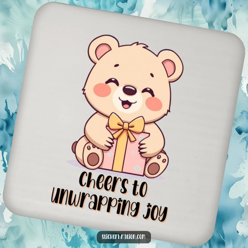 Funny bear cub drink coasters with a character excitedly unwrapping a gift box, adding humor and protection to tables.