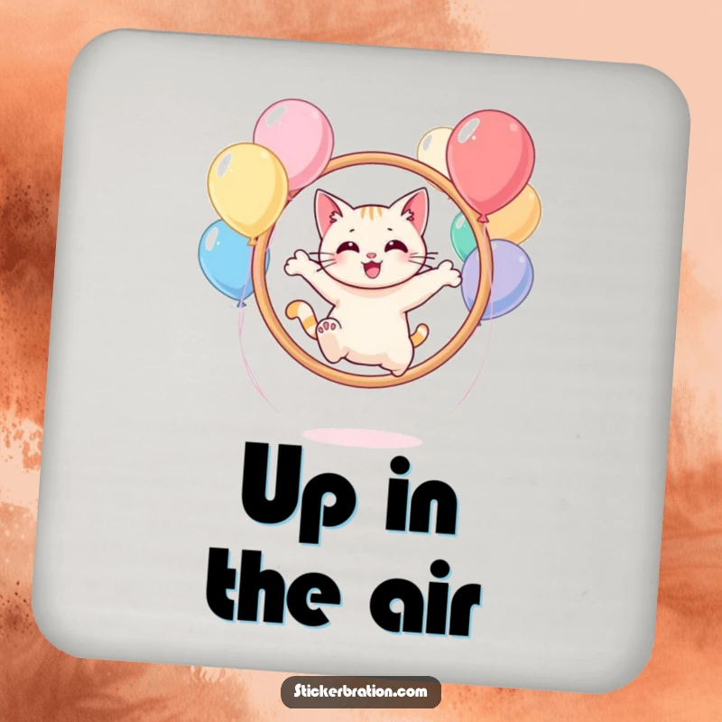 Funny cat character on a drink coaster, leaping through a hoop of balloons, adding playful flair.