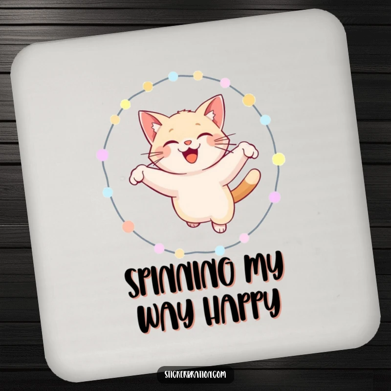 Funny cat drink coaster showing a cat leaping through a hoop of illuminated lights, a humorous and practical addition to any table.