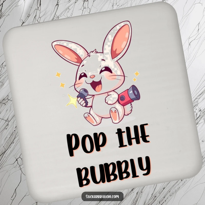 Funny coasters depicting an excited bunny with oversized ears holding a sparkling noisemaker, adding decorative and protective festive charm.