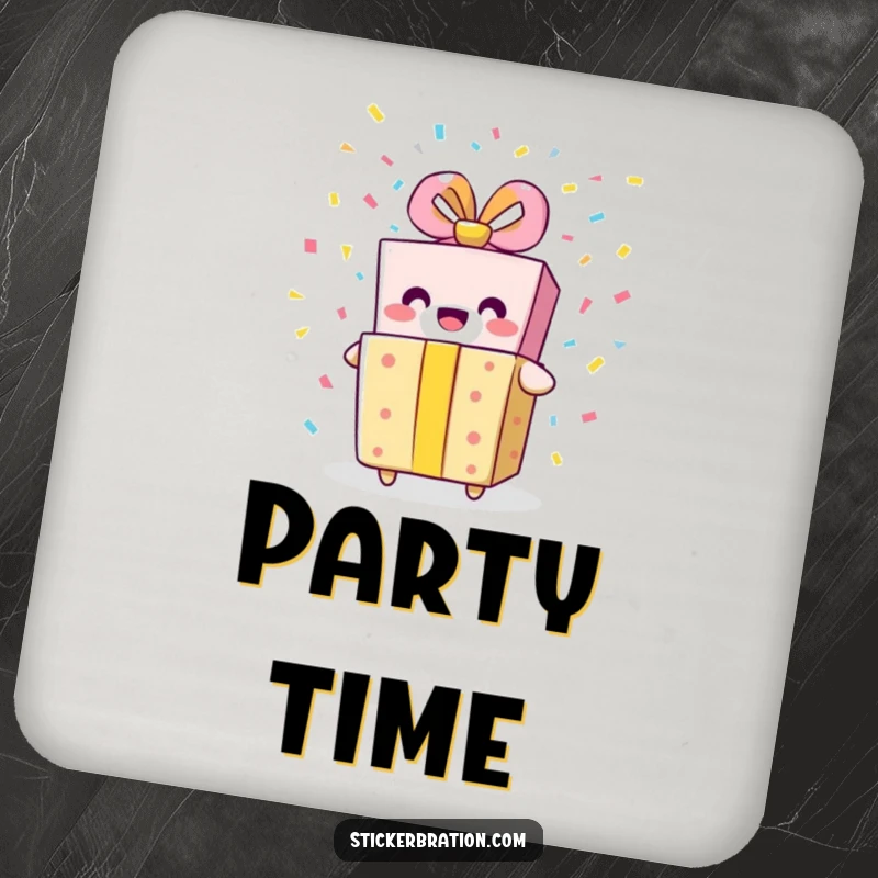 Funny gift box drink coaster showing a smiling character bursting with confetti, bringing festive style and humor to tabletops.