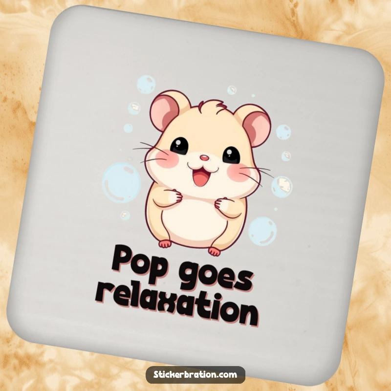 Funny hamster drink coaster depicting a smiling character playfully floating amongst a cluster of lighthearted bubbles. Decorative and functional.