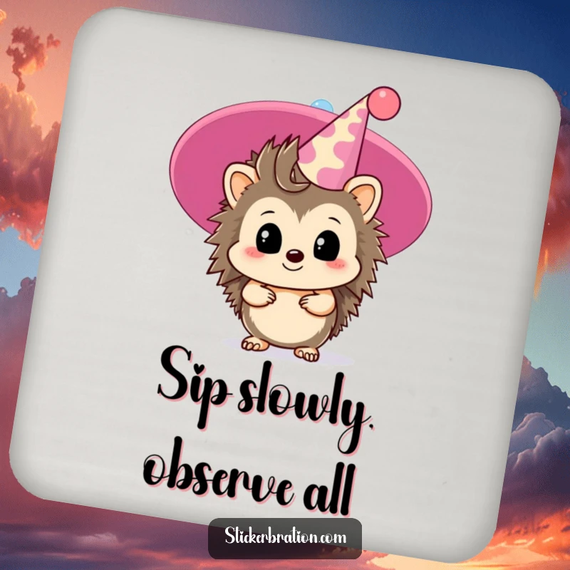 Funny hedgehog drink coasters with a timid character peeking from behind a giant party hat, adding humor and protection.
