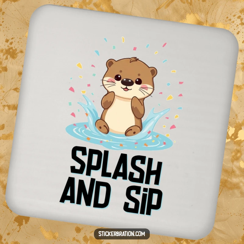 Funny Otter Splash Coaster featuring a playful otter splashing in confetti, protecting surfaces with a fun and humorous design, a delightful gift.