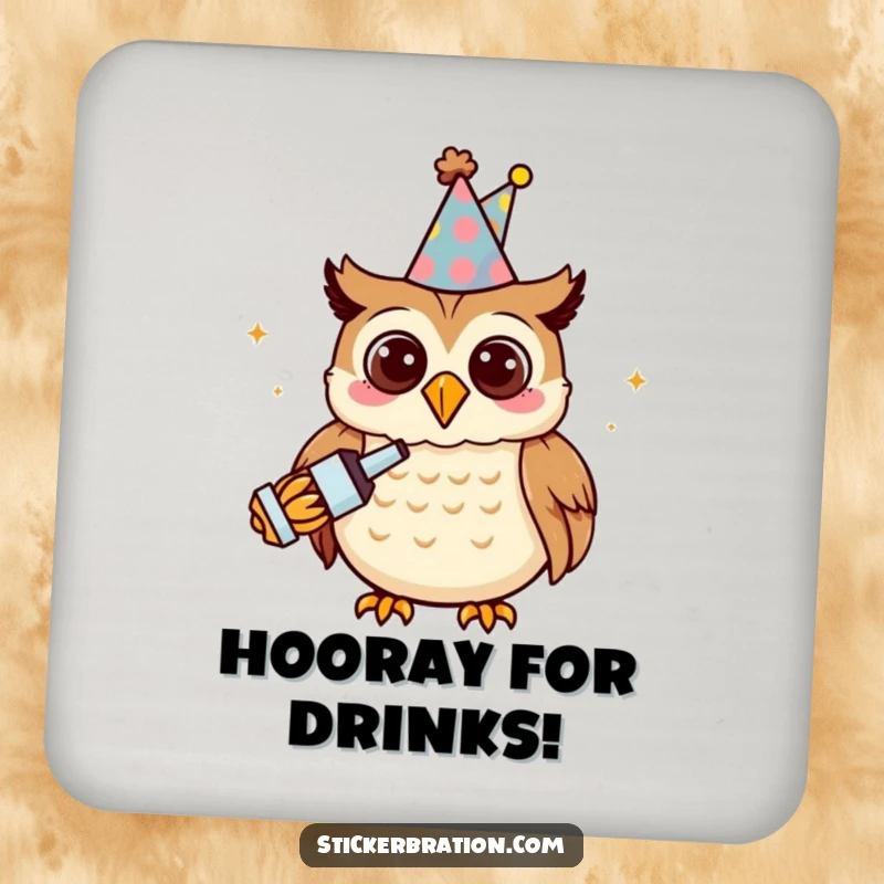 Funny owl character on a drink coaster, wearing a party hat and holding a noisemaker, adding festive flair.