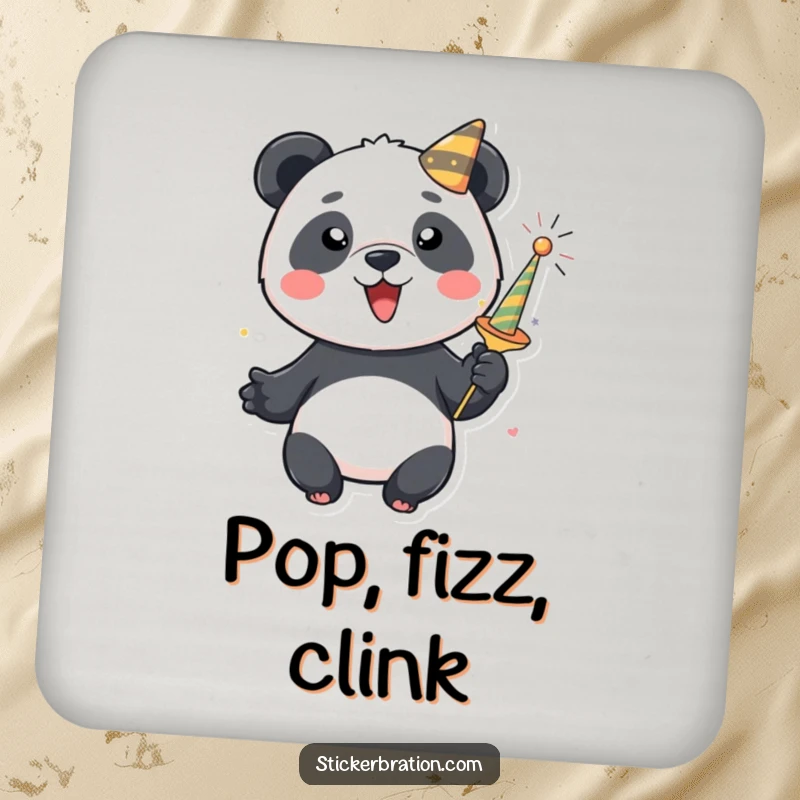 Funny panda drink coaster depicting a playful character launching a colorful party popper. Protective and celebratory design.
