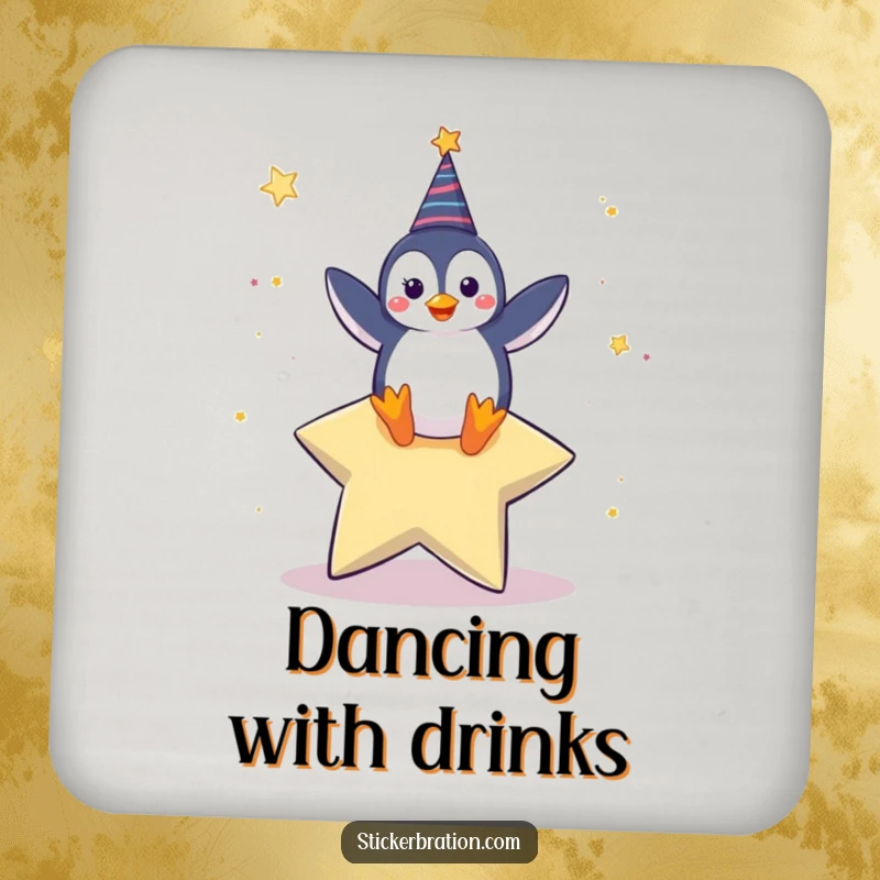 Funny drink coaster with a happy penguin character dancing on a giant star, adding a protective and celebratory touch.