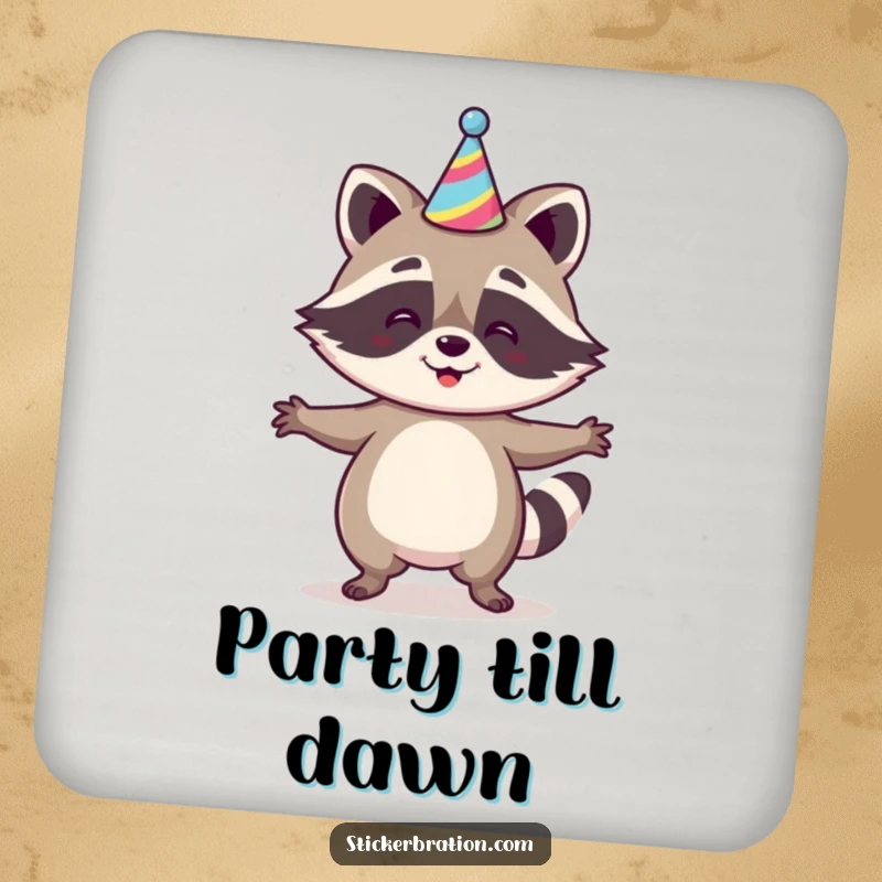 Funny Raccoon Jig Coaster featuring a happy raccoon dancing with a party hat, protecting surfaces with a festive and humorous design, a delightful gift.