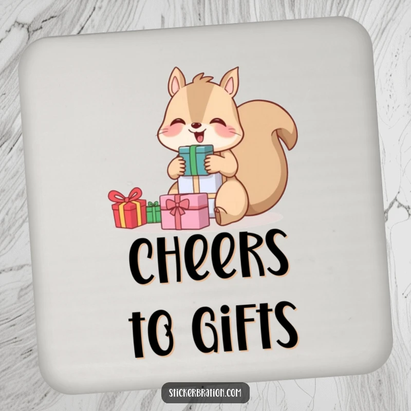Funny drink coaster featuring a giggling squirrel holding a stack of gifts, protecting surfaces with festive humor.