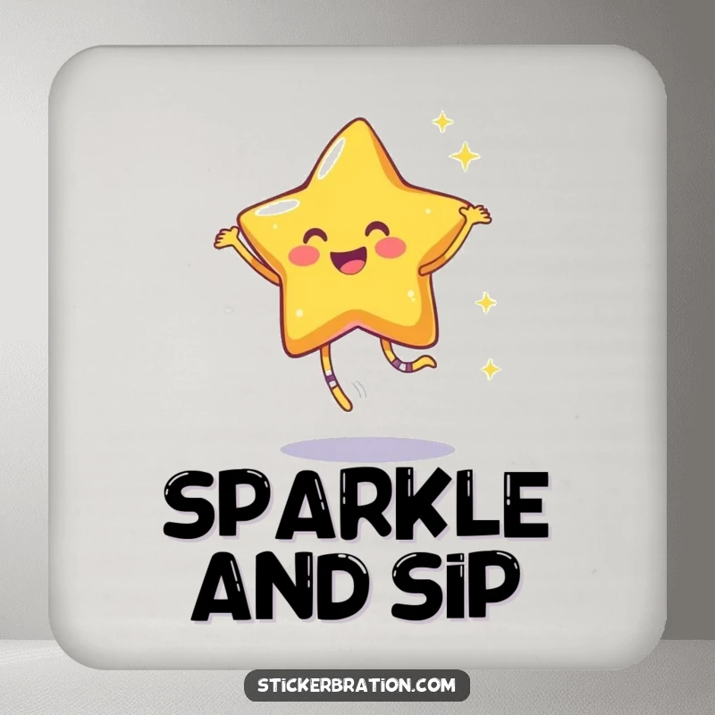 Funny coasters featuring a smiling star character dancing joyfully, leaving a trail of sparkles, protecting surfaces with celestial charm.